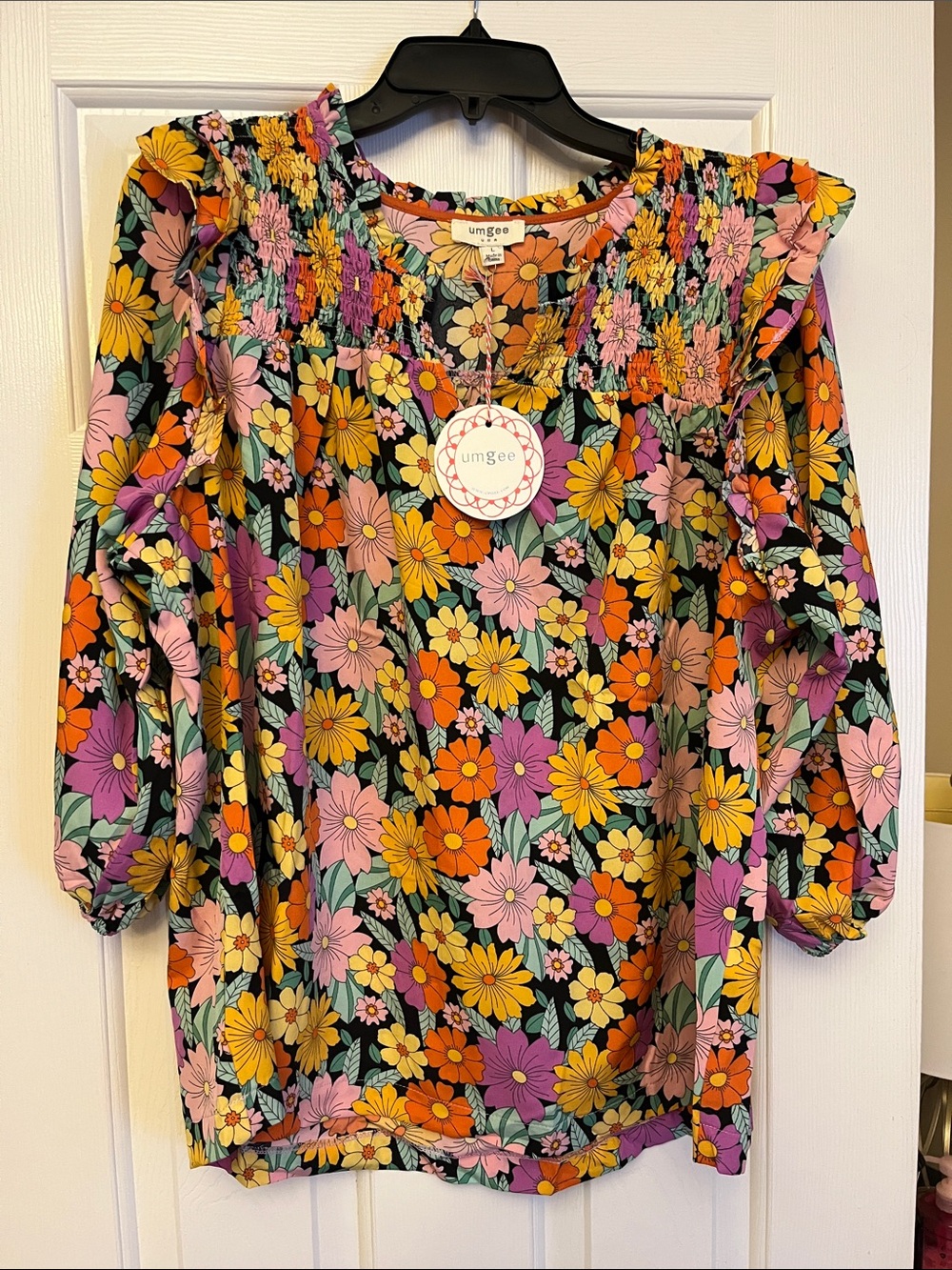 Umgee Black Floral Smocked Long Sleeve Dress with Pink Orange Yellow Flowers